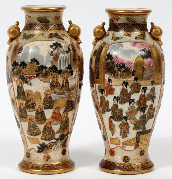 JAPANESE SATSUMA VASES MEIJI PERIODPAIR: JAPANESE SATSUMA VASES, MEIJI PERIOD (1868-1912), PAIR, H 7":Each earthenware vase is of inverted baluster form with applied handles at the shoulders, hand decorated at one side with holy men meditati