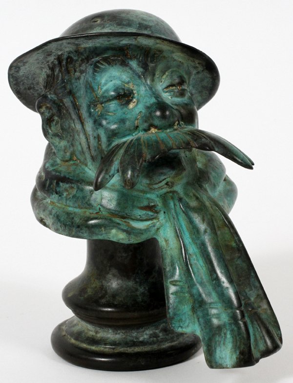 BRUCE BAIRNSFATHERBRONZE MASCOT: BRUCE BAIRNSFATHER (1888-1959), BRONZE MASCOT, H 4":A bronze radiator cap in the form of a bust of a man with a large moustache, wearing an army helmet, signed "Bruce Baimsfather" at the brim; antique