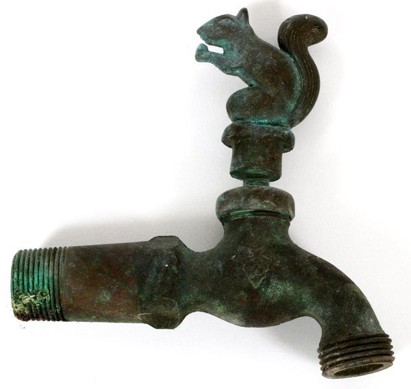 BRONZE FAUCET W/ SQUIRREL ORNAMENT: BRONZE FAUCET WITH SQUIRREL ORNAMENT, H 2":Antique green patina.