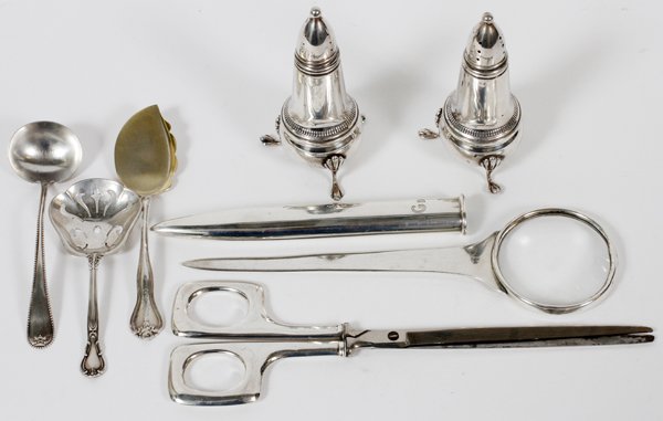 CARTIER DESK SET & AMERICAN STERLING TABLEWARE: CARTIER DESK SET & AMERICAN STERLING TABLEWARE, SIX PIECES:Cartier sterling desk set includes a magnifying glass and scissors, fitted in a sheath, monogrammed, "D.G.D"; together with one Towle Silvers