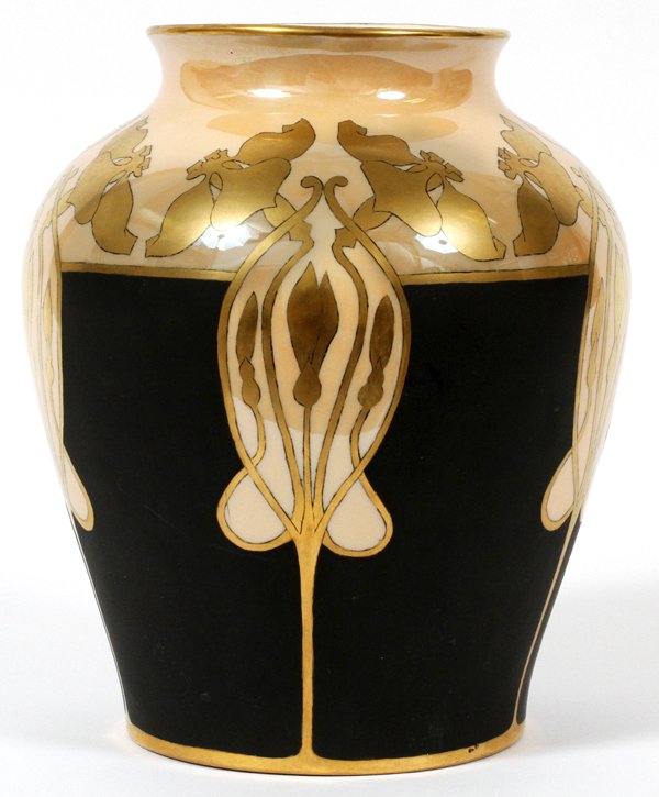 FRENCH ART NOUVEAU PORCELAIN VASE 1906: FRENCH ART NOUVEAU PORCELAIN VASE, 1906, H 8 1/2", DIA 7":Hand painted in an Art Nouveau design. Signed, "Bess M. Sanders, 1906" at the base (see additional photo).