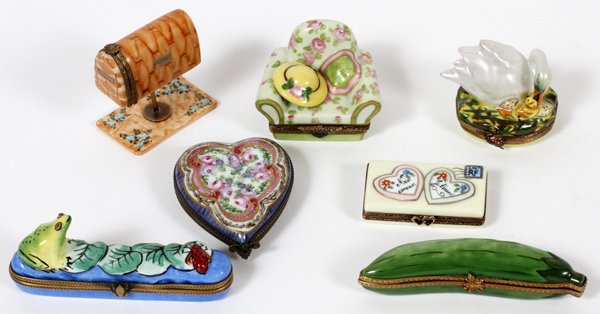 LIMOGES PORCELAIN MINIATURE BOXES SEVEN: LIMOGES PORCELAIN MINIATURE BOXES, SEVEN:Including a mailbox, and covered boxes depicting a heart, frog and beetle, pickle, hat on a chair, love letter and a swan.