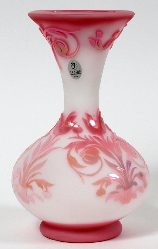 FENTON CAMEO GLASS VASE: FENTON CAMEO GLASS VASE, H 8 1/2", DIA 5 1/2", 'PINK PASSION':Sand carved cameo glass. Original label, signed underneath.