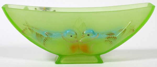 FENTON 'GREAT AMERICAN' GLASS CENTERPIECE: FENTON 'GREAT AMERICAN' GLASS CENTERPIECE, H 5", L 13":Painted bird design. " USA D. Robinson" signed on the underside of the bowl. Original label.