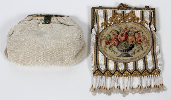 BEADED EVENING BAGS C. 1930 & 6 1/2: BEADED EVENING BAGS, C. 1930, W 5 1/2" & 6 1/2":Including one beaded cotton bag, with needlepoint center panel, fitted in a gilt metal frame, opening to silk lining, unmarked; together with one evenin