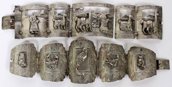 SILVER LINK BRACELETS TWO: SILVER LINK BRACELETS, TWO, L 6":Including 1 with pierced links featuring nomad and camel, stamped "Sterling", and 1 southwest American silver bracelets with animal motifs, including owl, deer, and ha