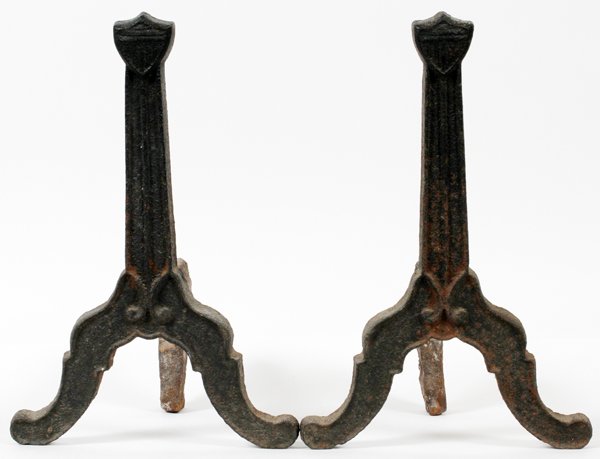AMERICAN FEDERAL CAST IRON ANDIRONS C. 1830: AMERICAN FEDERAL CAST IRON ANDIRONS, C. 1830, W 17":Scrolled legs, shield motif finials, painted black.