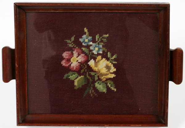 MAHOGANY & NEEDLEPOINT TRAY: MAHOGANY & NEEDLEPOINT TRAY, L 13":Floral needlepoint within a mahogany frame flanked by handles, under glass. Measures H.1 1/2" x 13 1/4" x 9". Circa 1930-40.