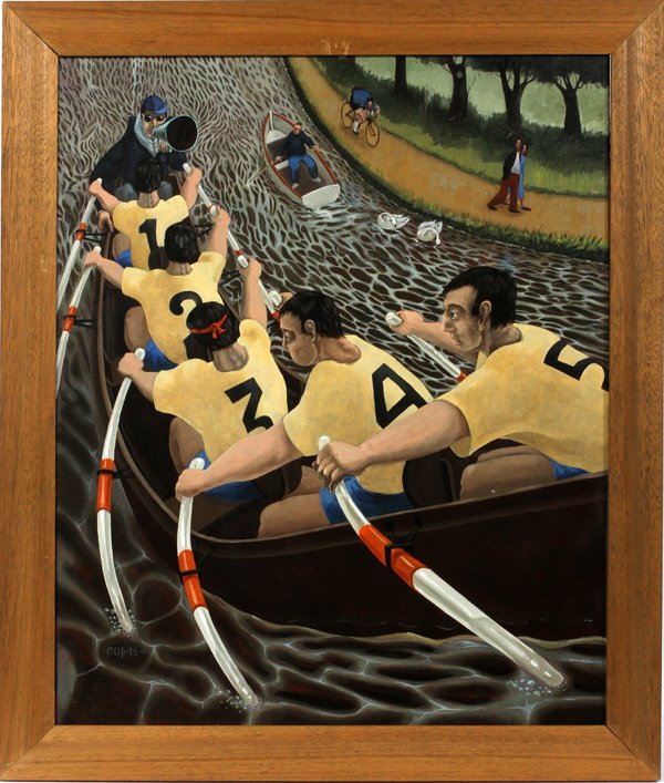 RONNIE COPAS OIL ON CANVAS: RONNIE COPAS OIL ON CANVAS, H 36", L 30", "RIVER PRACTICE MARK II":Depicting a rowing crew in a river next to a river walk. Signed lower right and titled on verso. Framed.