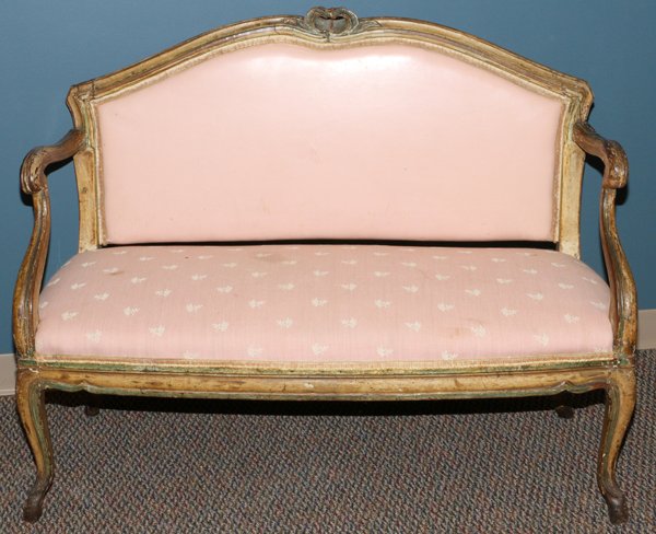 VENETIAN CARVED WOOD LOVESEAT 18TH.C.: VENETIAN CARVED WOOD LOVESEAT 18TH.C. H 35" L 46":Distressed frame. Shell carving at crest.