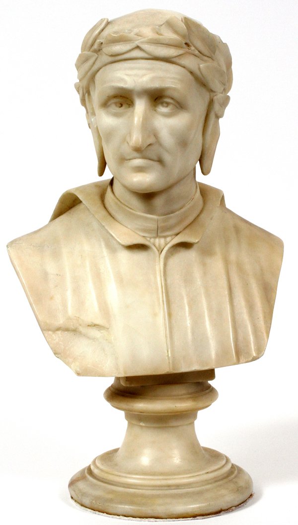 ITALIAN CARVED MARBLE SCULPTURE: ITALIAN CARVED MARBLE SCULPTURE, H 16", "DANTE":Unsigned.