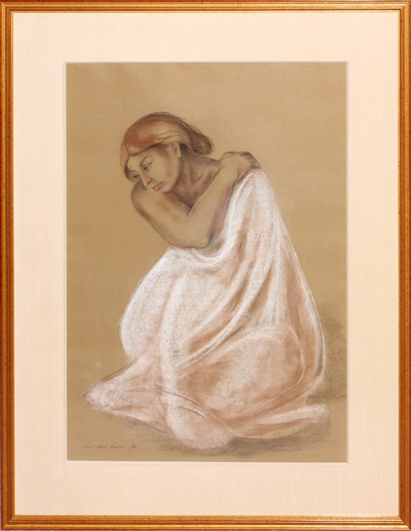 JOSE KURI BRENAPASTEL ON PAPER 1980: JOSE KURI BRENA [LATIN AMERICAN, 1914-2004], PASTEL ON PAPER, 1980, H 27" W 19", "MUJER PENSANDO":Signed and dated 1980 at the lower left, depicting a woman thinking in a seated position. "Galeria Rud