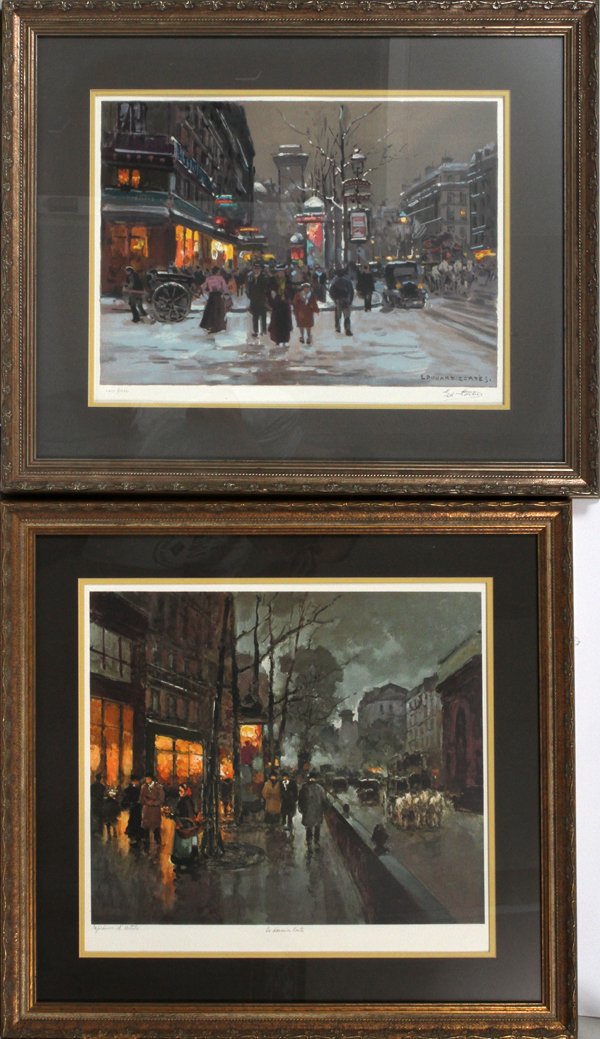 AFTER EDOUARD CORTESCOLOR LITHOGRAPHS C. 1968 2 18.: AFTER EDOUARD CORTES (FR 1882-1969) COLOR LITHOGRAPHS, C. 1968, 2, H 15", 18". W 21", EVENING PARIS STREET SCENES:One unsigned artist proof marked in French "Le Dernier Cortes" ("The Last Cortes") and