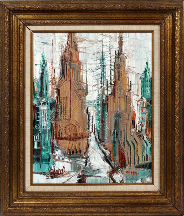 LIUBOSLOV HUTSALIUKOIL ON CANVAS 1975: LIUBOSLOV HUTSALIUK (AMERICAN/UKRAINIAN 1923-2003), OIL ON CANVAS, 1975, H 20", W 16", "CATHEDRALES LE NEW-YORK":Signed and dated lower right; titled on verso; framed.