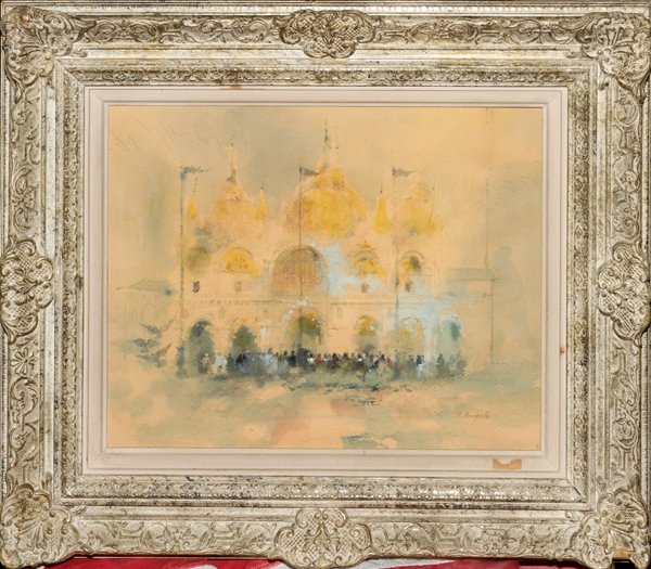 N. ANGELO WATERCOLOR ON PAPER: N. ANGELO, WATERCOLOR ON PAPER, H 10" W 13", ST. PETER'S BASILICA:Signed at the lower right. Depicting figures gathered outside St. Peter's Basilica. Measuring H. 10" x 13" visible. Framed.