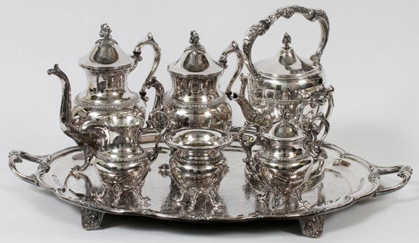 GOLDFEDER SILVER CO. SILVER PLATE COFFEE & TEA SET: GOLDFEDER SILVER CO. SILVER PLATE COFFEE & TEA SET, C. 1940, 6 PCS, H 5" - 12":Including one coffee pot, one teapot, one creamer, one sugar, one waste, and one double handled tray at L. 29 1/2" x 19".