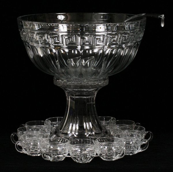 HEISEY 'GREEK KEY' GLASS PUNCH BOWL SET C. 1930 Sep 12, 2014