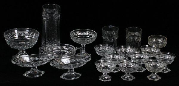 HEISEY 'GREEK KEY' GLASS TABLEWARE C. 1930 18 PCS: HEISEY 'GREEK KEY' GLASS TABLEWARE, C. 1930, 18 PCS, H 3"-9":Including one soda straw holder, H. 9 1/2", 2 tumblers, H. 5 1/4", 2 oblong compotes, L. 7 1/2", 2 compotes, W. 5" and 5 1/4", 9 sherbet cu
