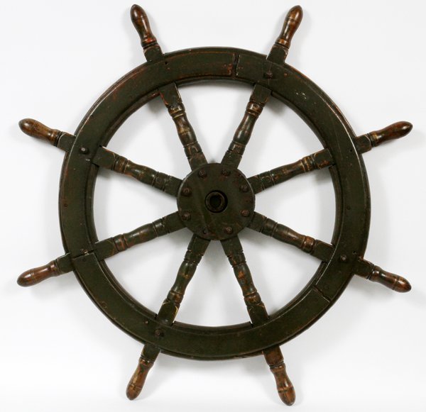 SHIP'S WHEEL: SHIP'S WHEEL, DIA 38":antique wood ship's wheel made with turned wood spindle spokes and metal wheel and hub, all painted green.