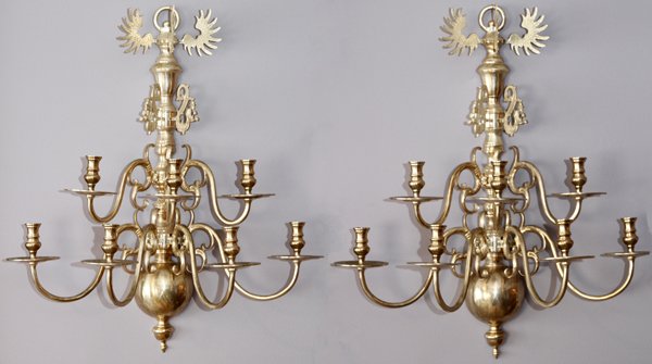 SEVEN LIGHT BRASS WALL SCONCES PAIR: SEVEN LIGHT, BRASS, WALL SCONCES, PAIR H 29", W 26":Seven light brass wall sconces. Having a silvered metal finish, 29" H. x 26" W.; PAIR.