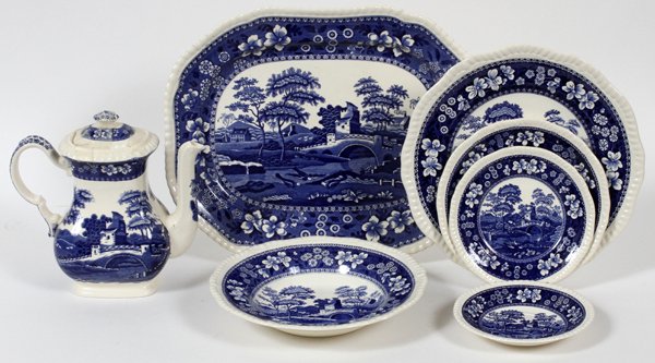 SPODE BLUE TOWER DINNERWARE 45 PCS: SPODE BLUE TOWER DINNERWARE 45 PCS:One platter L 14" x 11", 8 bread plates 6 1/4", 13 dessert plates 7 1/2", 12 rim soup bowls dia 9 1/4", 10 dinner plates, 1 coffee pot H 8 1/2". Black trade mark. Ga