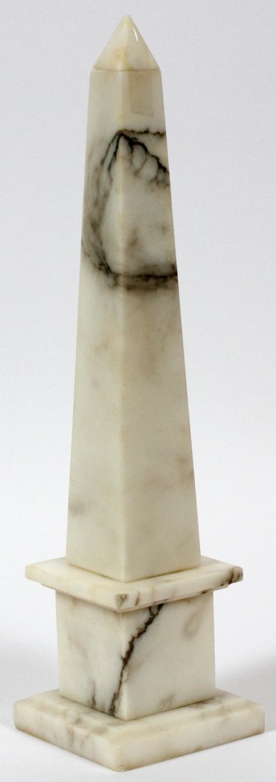 CLASSICAL STYLE MARBLE OBELISK: CLASSICAL STYLE MARBLE OBELISK, H 20":White marble obelisk. Measuring H. 20" overall.