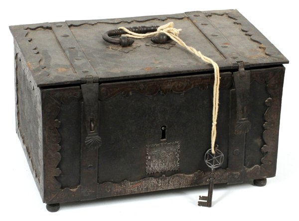 CRUSADER METAL CHEST C1800: CRUSADER METAL CHEST, C1800, H 8", L 14", D 9 1/2":Accompanied by a key and with a lid with handle and hinges.
