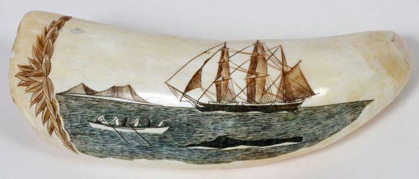 WALRUS TOOTH SAILING SHIP & WHALERS: WALRUS TOOTH SAILING SHIP & WHALERS, (1) L 5":depicts whalers in a rowboat pursuing a whale, with a whaling ship in the background.