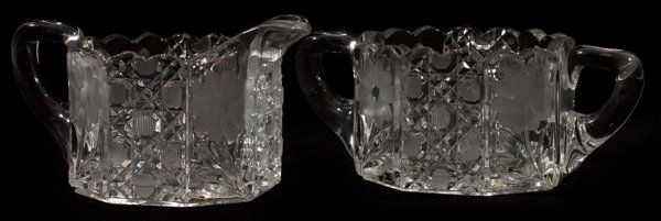 AMERICAN BRILLIANT CUT GLASS CREAMER & SUGAR SET: AMERICAN BRILLIANT CUT GLASS CREAMER & SUGAR SET, C. 1910, H 3 1/2":Octagonal form creamer and sugar bowl, brilliant cut in floral and geometric designs. Measuring H. 3 1/2" each, no apparent markings