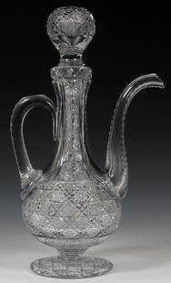 AMERICAN 'HARVARD' CUT GLASS COFFEE POT C. 1890: AMERICAN 'HARVARD' CUT GLASS COFFEE POT, C. 1890, H 15":Turkish style coffee pot, brilliant cut in the Harvard pattern. No apparent markings to the glass, measuring H. 15". Circa 1890. Reference: "Rar