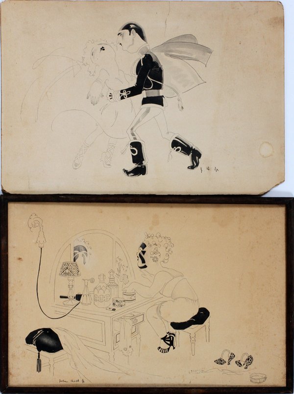 JOHN HELD JR. AMERICAN CARTOONS PEN & INK TWO: JOHN HELD JR., AMERICAN CARTOONS, PEN & INK ON ILLUSTRATION BOARD DRAWINGS, TWO, 14 1/2" X 10" & 15":Two pen and ink drawings of lady with makeup, couple dancing S TWO H 14 1/2" X 10" &15" X 10"