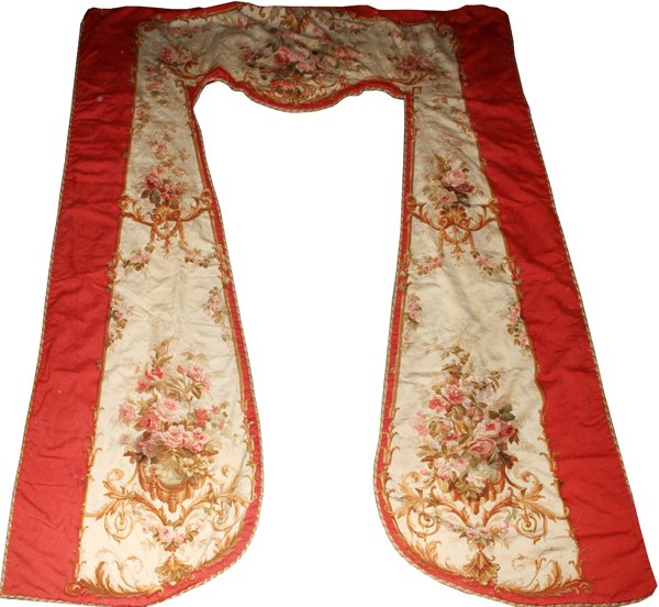 VINTAGE WOOL AUBUSSON TAPESTRY: VINTAGE WOOL AUBUSSON TAPESTRY, H10'x 6'10":Overall floral design with rose colored backing.