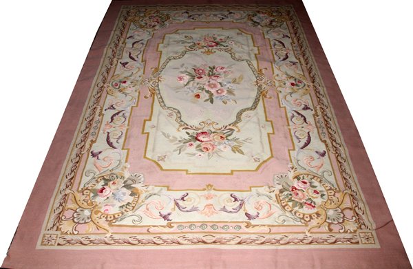 AUBUSSON STYLE WOOL RUG: AUBUSSON STYLE WOOL RUG, 8' 7" X 6' 2":Ivory and rose.