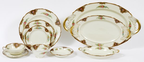 BLACK KNIGHT GERMAN PORCELAIN DINNER SET 90 PIECES: BLACK KNIGHT, GERMAN 'WASHINGTON' PORCELAIN DINNER SET, 88 PIECES (SERVICE FOR TWELVE):Including 11 dinner plates @ 10", 12 salad plates @7 3/4", 10 bread plates 6", 12 cream soups, 12 fruit dishes @ 