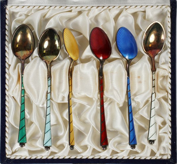 EGON LAURIDSEN STERLING SILVER AND ENAMEL SPOONS-6: EGON LAURIDSEN STERLING SILVER AND ENAMEL SPOONS, SIX:The Danish sterling silver and enamel spoons have a gold wash.