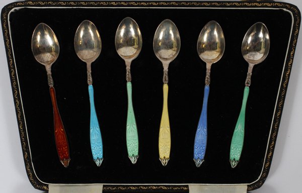 HENRY CLIFFORD DAVIS STERLING SILVER &ENAMEL SPOONS: HENRY CLIFFORD DAVIS STERLING SILVER AND ENAMEL SPOONS, SIX:Six British sterling silver and enamel demi-tasse spoons.