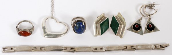 STERLING RINGS EARRINGS PENDANT & BRACELET 8 PCS: STERLING RINGS, EARRINGS, PENDANT & BRACELET, EIGHT PIECES:Including 2 rings, 1 pair of earrings, 1 pair of earclips, 1 heart pendant with chain, and 1 Taxco link bracelet, L.8". Eight pieces.