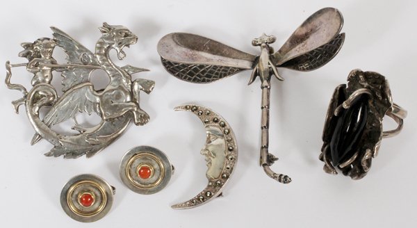 STERLING BROOCHES RING & PAIR OF EARCLIPS 6 PIECES: STERLING BROOCHES, RING & PAIR OF EARCLIPS, SIX PIECES:Brooches include 1 .800 silver of a putto riding a dragon, 1 Mexican sterling dragonfly, L.2 1/4", and 1 marcasite crescent man-in-the moon; toge