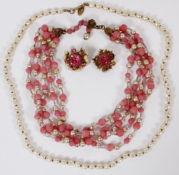 MIRIAM HASKELL COSTUME NECKLACES& PAIR OF EARCLIPS: MIRIAM HASKELL COSTUME NECKLACES (2) & PAIR OF EARCLIPS:Including 2 faux pearl necklaces, one multi-strand, L.15", and one single strand, L.22", and a pair of earclips; all are marked.