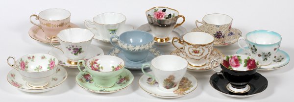 ENGLISH BONE CHINA TEA CUPS & SAUCERS TWELVE SETS: ENGLISH BONE CHINA TEA CUPS & SAUCERS, TWELVE SETS, H 2"-3":A grouping of various sets of English bone china teacups and saucers. All but one marked underneath. A measuring height range from 2 1/4 - 3