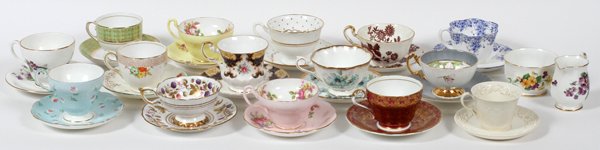 ENGLISH BONE CHINA TEA CUPS & SAUCERS 17 SETS: ENGLISH BONE CHINA TEA CUPS & SAUCERS, 17 SETS, H 2"-3":Assorted English bone china sets of teacups and saucers, 15 sets. Including an open sugar and creamer. A total of 17 pieces. A measuring H range