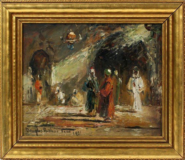 DOUGLAS ARTHUR TEED OIL ON BOARD: DOUGLAS ARTHUR TEED OIL ON BOARD, H 7.25" L 9.75", MERCHANTS:Douglas Arthur Teed [AMERICAN, 1863-1929]. Depicting an interior scene with Arab merchants. Signed lower left and dated 1921. Framed