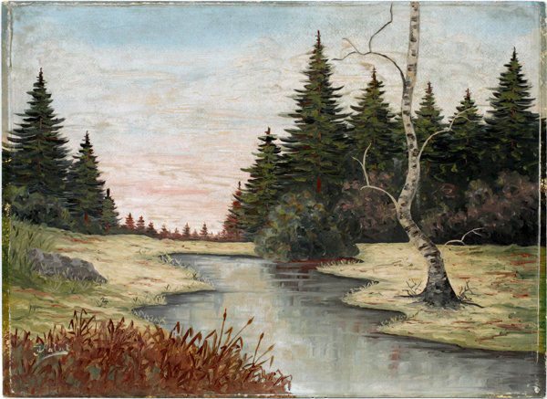 JULIAN FALAT OIL ON ACADEMY BOARD: JULIAN FALAT OIL ON ACADEMY BOARD, H 17.25", L 21.5", SUMMER LANDSCAPE:Julian Falat [Austrian, 1853-1929]. A Summer landscape with pine and birch trees with a stream. Signed lower left. Unframed