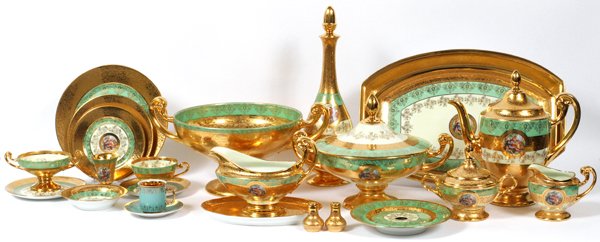 PLATINUM AND GOLD DECORATED BOHEMIAN DINNERWARE: PLATINUM AND GOLD DECORATED BOHEMIAN DINNERWARE, 130 PIECES:Twelve place settings, total of 130 pieces. Made in Czechoslovakia. 12 dinner plates, Dia 11", 12 salad plates, 12 bread plates, 12 sauce di