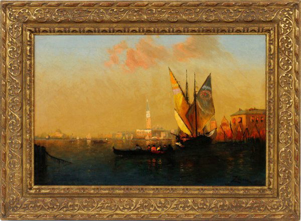 IN THE STYLE OF FELIX ZIEM OIL ON CANVAS: IN THE STYLE OF FELIX ZIEM, OIL ON CANVAS, VENICE BOATS IN HARBOR, H 16", W 24":