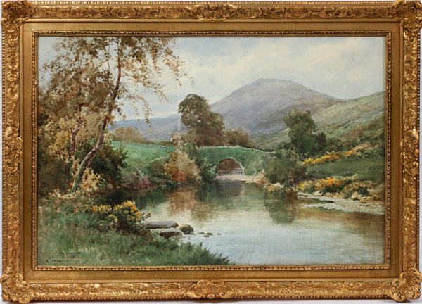 HENRY JOHN SYLVESTER STANNARD WATERCOLOR: HENRY JOHN SYLVESTER STANNARD (BRITISH 1870-1951), WATERCOLOR, STREAM WITH TREE, FLOWERS, & MEADOW,:Signed lower left. Gilt framed and under glass.