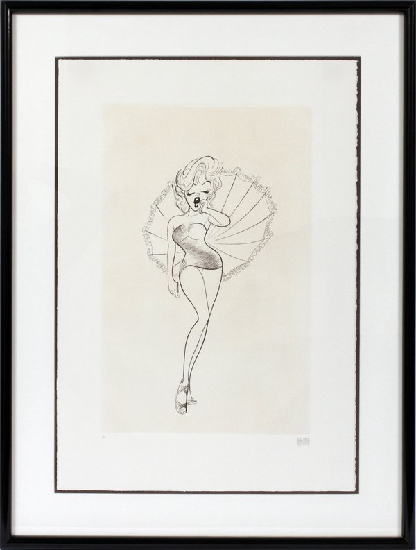 AL HIRSCHFELD US 1903-03 ETCHING: AL HIRSCHFELD US 1903-03), ETCHING, H 20", W 13", "MARILYN MONROE WITH PARASOL":19 5/8" x 12 5/8" plate size; 25 3/4" x 18" floated paper size; pencil signed; #7/150; framed.