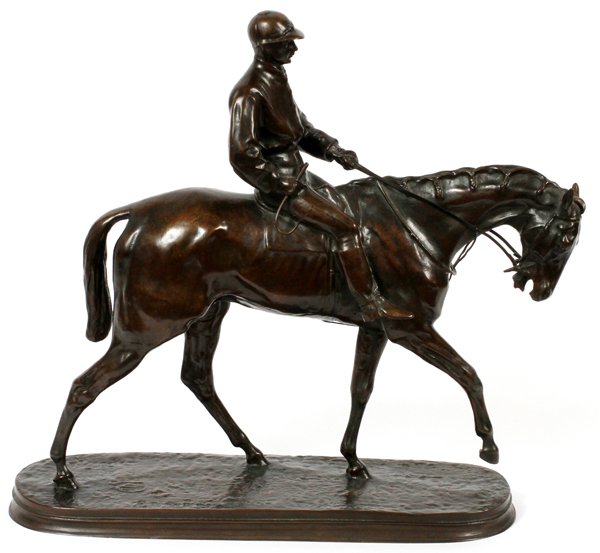 AFTER PIERRE JULES MÊNE BRONZE SCULPTURE: AFTER PIERRE JULES MÊNE BRONZE SCULPTURE, H 15.25", L 15" RACEHORSE WITH JOCKEY UP:Pierre Jules Mêne [French 1810-1879].