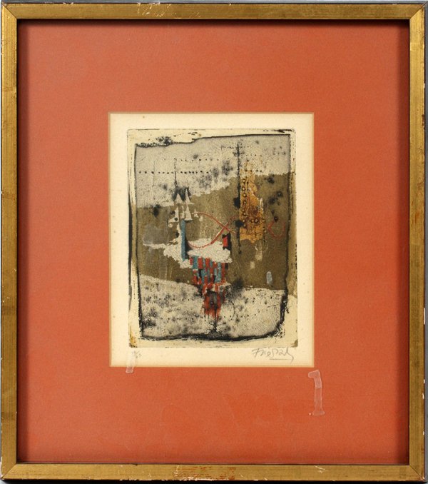 JOHNNY FRIEDLAENDER COLOR ETCHING #38/60: JOHNNY FRIEDLAENDER (1912-1992), COLOR ETCHING, #38/60, 6 1/2" X 5", UNTITLED:Possibly "Composition VIII", pencil signed lower right, numbered 38/60 lower left, matted and framed. Johnny Friedlaender,