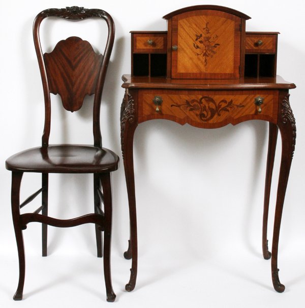 FRENCH SATINWOOD LADY'S DESK C 1930: FRENCH SATINWOOD LADY'S DESK, C 1930, H 41", W 25", D 14", & CHAIR:French inlaid satinwood desk and chair. Desk features two small upper drawers, center storage with inlaid door, and another drawer un